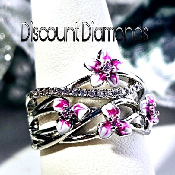 Pink Flower Clear White Diamond Ring on 925 Sterling Silver - Women's - Picture 3 of 7